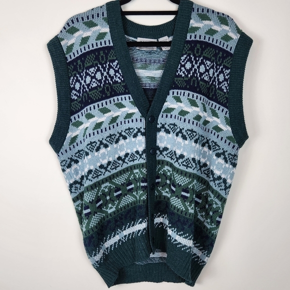 Estate Other - Estate Vintage 90s Sweater Vest Button Front Cardigan Geometric Print Size M